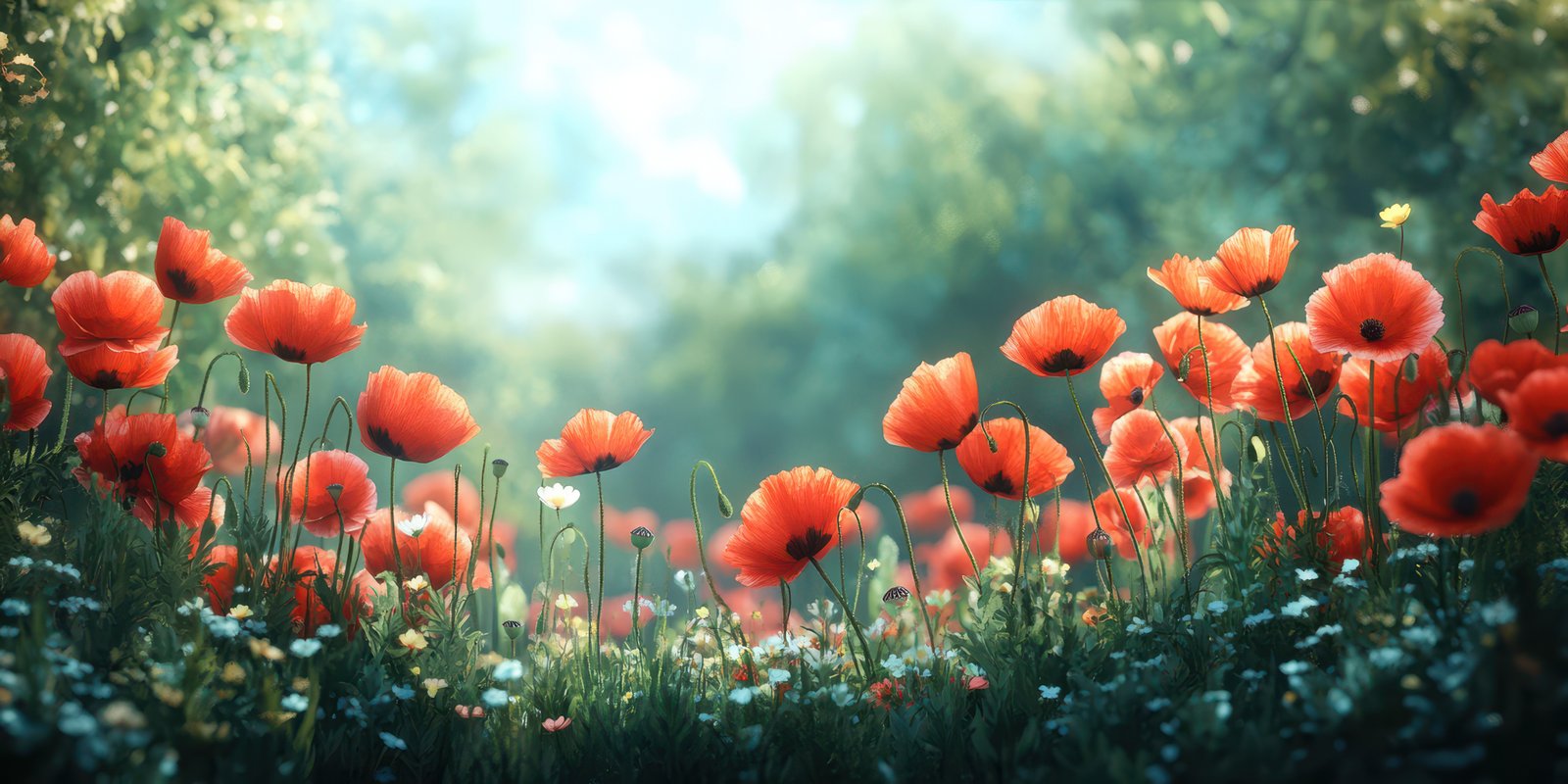 Vibrant poppy flowers bloom in a lush meadow surrounded by greenery on a sunny day
